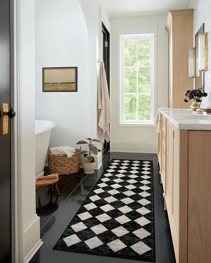 Checkered Kitchen Runner Rug 2x8 Black and White, Hallway Non Slip Washable - Image 3
