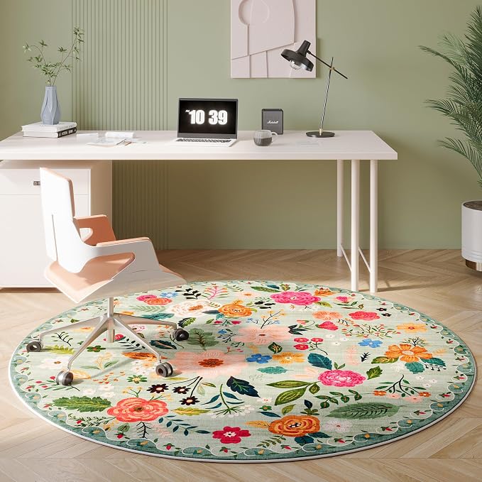 Rugcomf Round Rug 6ft Washable Circle Rug Non Slip Low Pile Boho Floral Small - Image 5