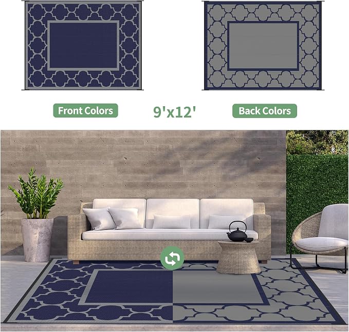 GENIMO Outdoor Rug 9' x 12' Patio Waterproof, Foldable Reversible Plastic Straw - Image 4