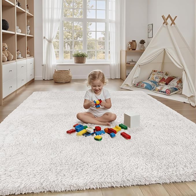 Area Rug for Living Room Bedroom: 5x7 White Soft Fluffy Shag Upgrade Non-Slip - Image 4