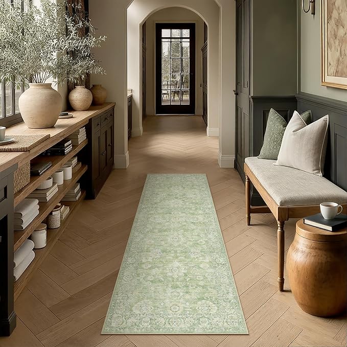 Neutral Kitchen Rug Set of 3 Washable Green Floral Kitchen Mats - Image 3