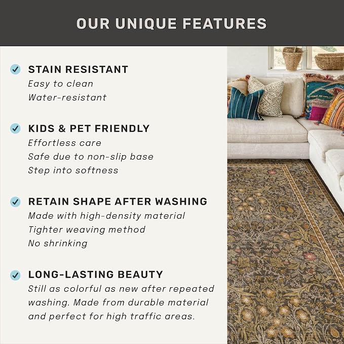 Vintage Gold Brown Entryway Rug, 3x4 Washable Area Rugs - Image 6