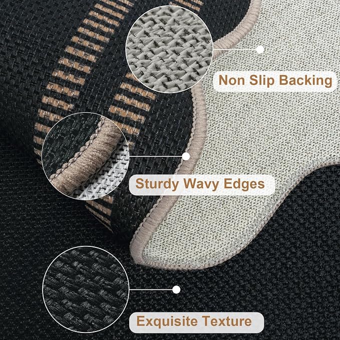 Scalloped Easy Jute Black Rug, 2.6x4 Front Door Washable Door Mat Non Slip - Image 4