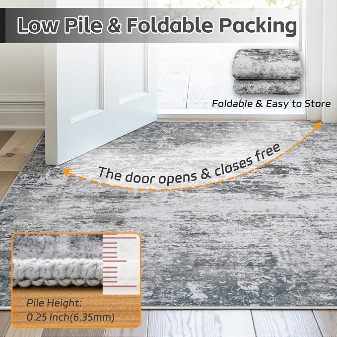 Area Rug 5x7 Living Room Rug Washable: No-Slip Abstract Soft Thin Large Gray - Image 7