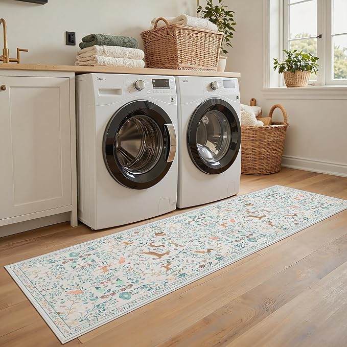 Runner Rug Washable Runners Kitchen Rugs Non Slip Neutral Floral Carpet Low Pile - Image 8
