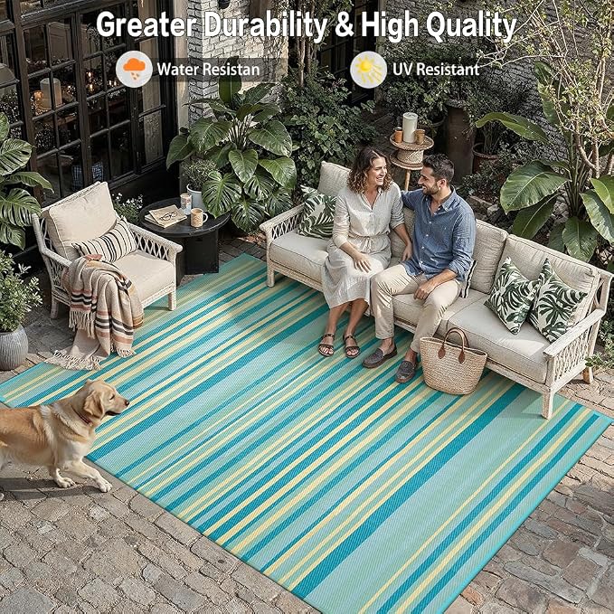 Outdoor Plastic Straw Rug Waterproof Patio 6x9 Teal Yellow Stripe Mat - Image 6