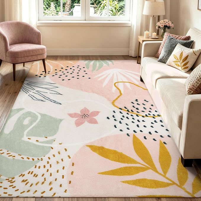 Lahome Pink Boho Living Room Rug 6x9, Washable Non Slip Soft Botanical Area Rug by Lahome