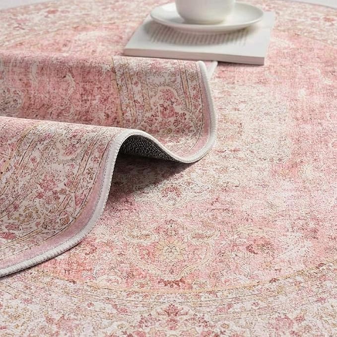 Latte&Fog Washable Pink Round Rug 6ft, Soft Cute Circle Area Rugs - Image 7