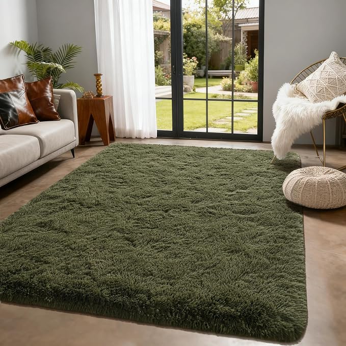 Andecor Shag Area Rug for Living Room, 3x5 Feet Olive Green Soft Fluffy Indoor - Image 2