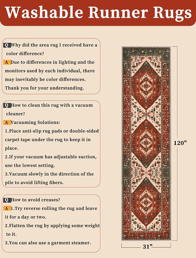 SERISSA Runner Rug for Hallways, Long Boho Rug Vintage Terracotta Green Hallway - Image 2