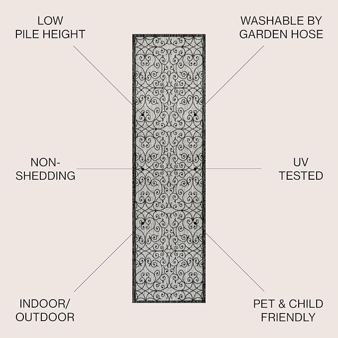 JONATHAN Y Vintage Filigree Indoor Outdoor Runner Rug 2X10 Light Gray/Black - Image 2