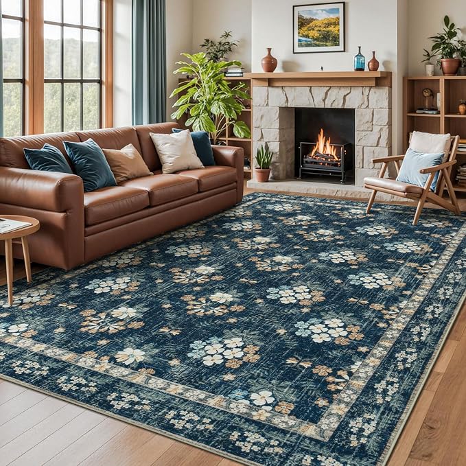 Lessymo Floral Living Room Rug 8x10 Area Rugs, Vintage Washable Rugs by Lessymo