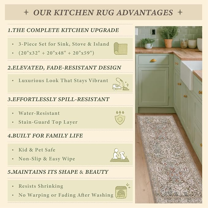 JTJ Washable Kitchen Rug Set of 3, Non-Slip Low Pile Mats in Calming Neutral - Image 5
