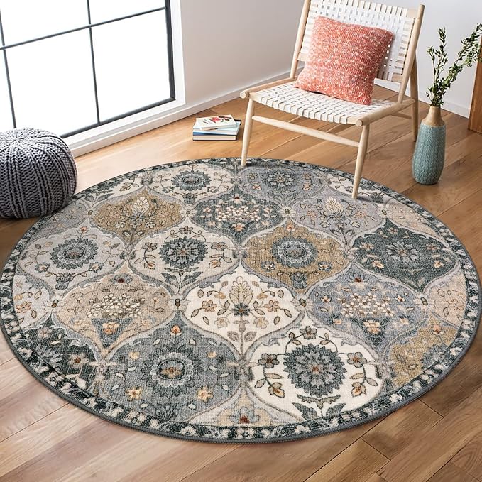 Lahome Moroccan Washable Round Area Rug, Soft Vintage Round Rug 3ft, Distress by Lahome