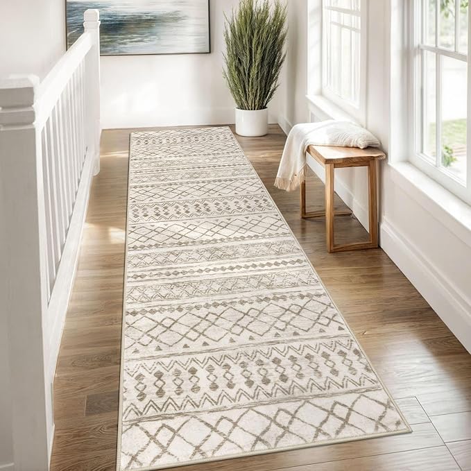KUTA Moroccan Washable Runner Rug 2.6x8, Non-Slip Vintage Beige Boho Hallway - Image 3