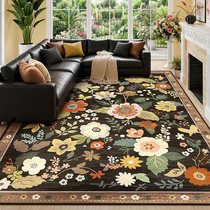 RELEANY Floral 8x10 Area Rugs Washable Print Boho Cute Carpet Non Slip Flower by RELEANY