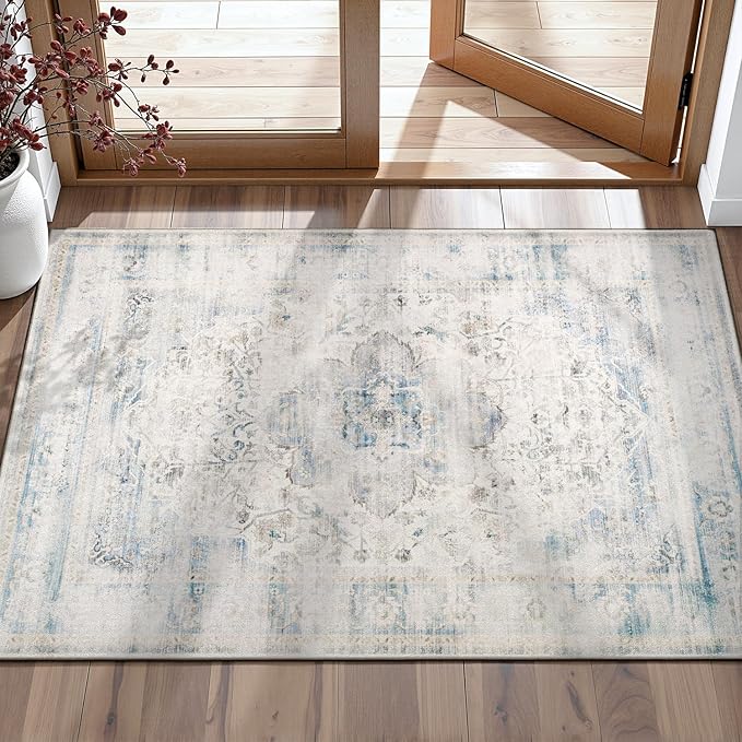 DCX 3x5 Haze Blue Rug, Machine Washable Stain Resistant Distressed Vintage Rug by DCXWashableRug