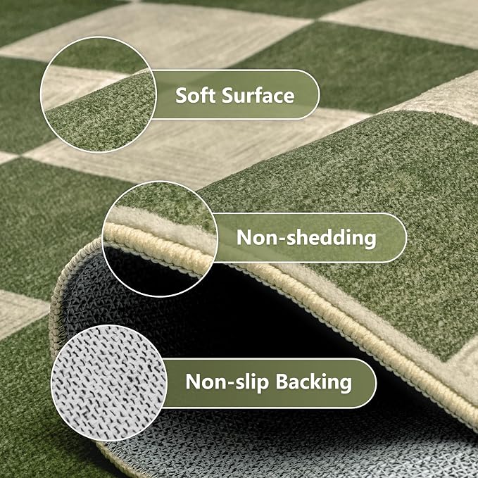 Washable Green Checkered Rug 5x7, Non-Slip Low Pile Area Rug - Image 6