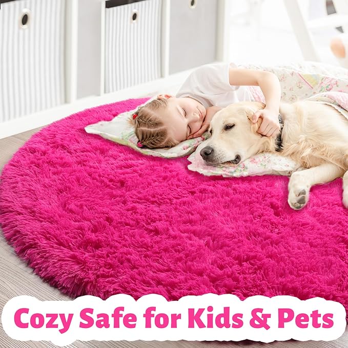 Hot Pink Small Round Rug 3Ft for Girls Bedroom, Fluffy Circle Area Rugs for - Image 4