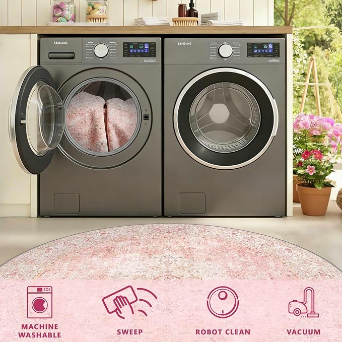 Latte&Fog Washable Pink Round Rug 6ft, Soft Cute Circle Area Rugs - Image 5