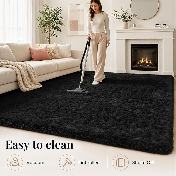 Area Rug for Living Room Bedroom: 5x7 Black Soft Fluffy Shag Upgrade Non-Slip - Image 8
