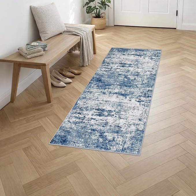 2'x6' Runner Rug Washable Rug: Modern Abstract Soft Thin Runner Rug Blue - Image 3