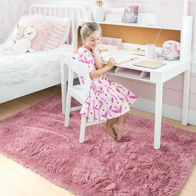 Amdrebio Blush Pink Area Rugs for Living Room Girls Bedroom, 6x9 Kawaii Shaggy - Image 4