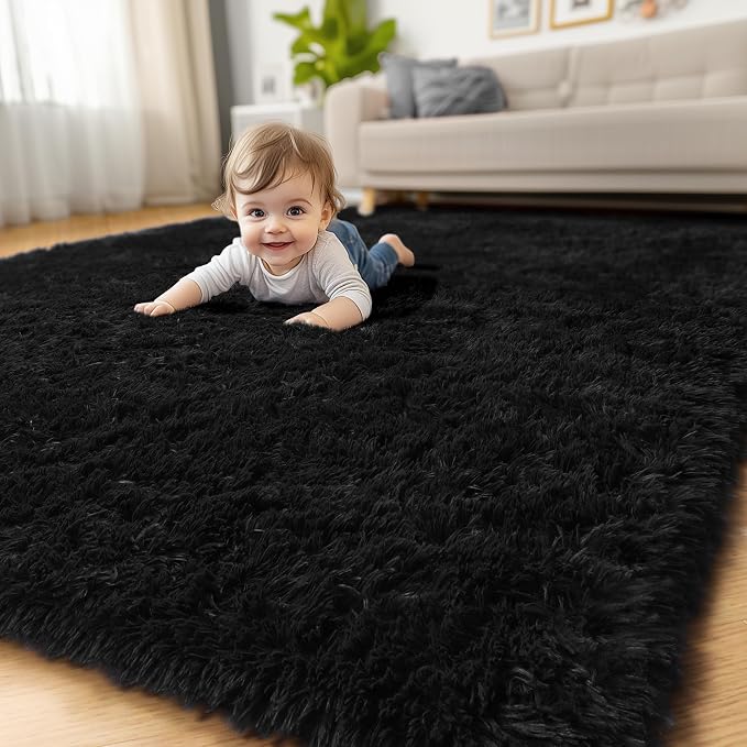 Amdrebio Black Fluffy Large Living Room Rugs, 6x9 Rug, Furry Area Rug - Image 8