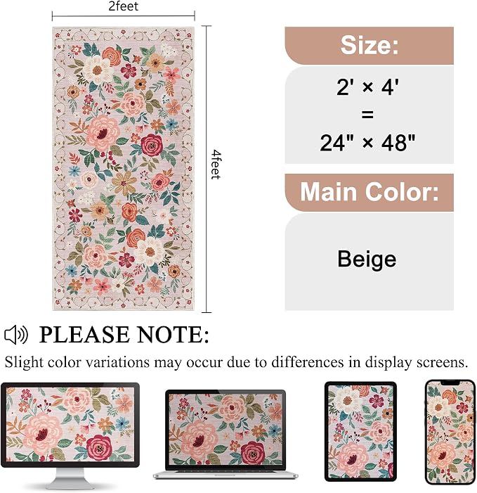 DUKINO 2x4 Rug for Entryway, Washable Kitchen Floral Runner Rug - Image 2
