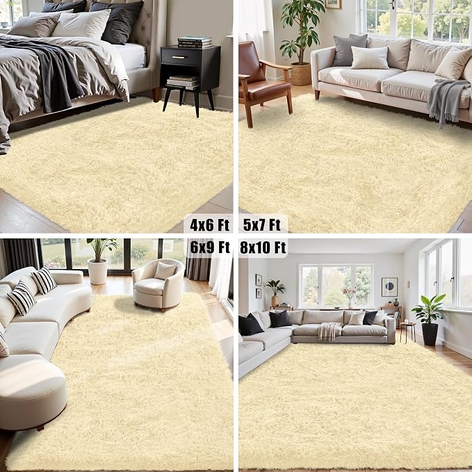 8x10 Area Rug for Living Room:Ultra Soft Fluffy Shag Cream White Rugs, Large - Image 6