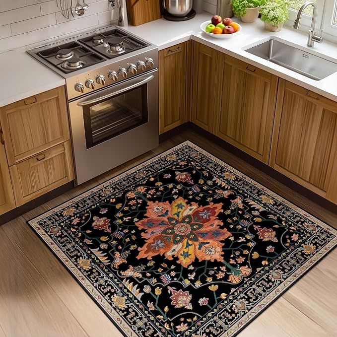 RELEANY Area Rugs Square 4ft Washable Non-Slip, Floral Vintage Distress by RELEANY