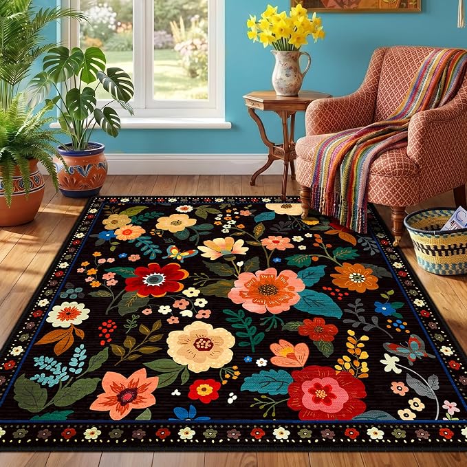 RELEANY Floral Square 4ft Area Rugs Washable Print Boho Cute Carpet Non Slip - Image 2