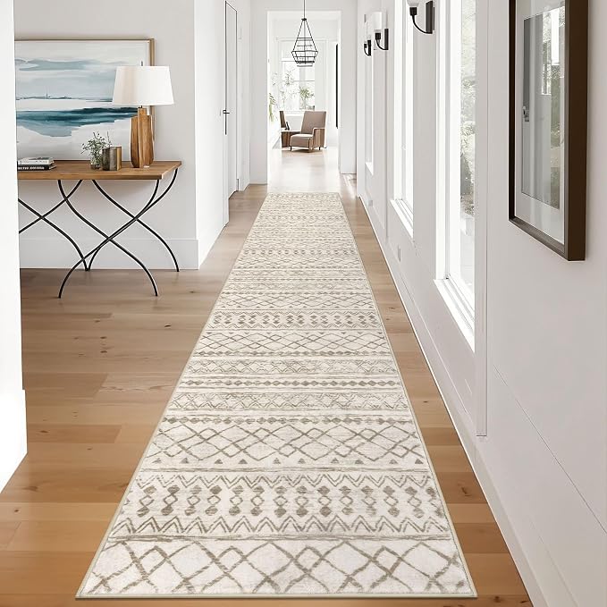 KUTA Moroccan Washable Hallway Runner Rug, 2.6x12 Non-Slip Vintage Beige Boho - Image 3
