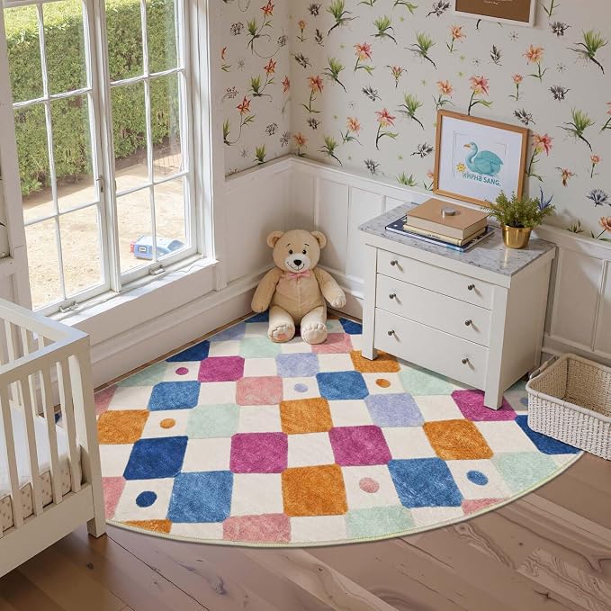 jinchan Macy Kids Rug for Nursery 5ft Radius Corner Washable Area Rug Modern by JINCHAN
