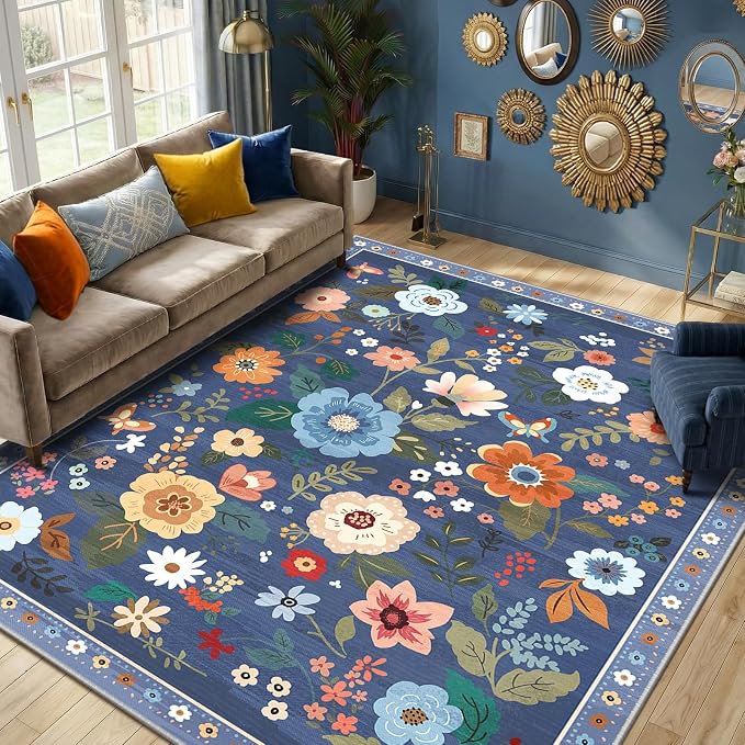 RELEANY Floral 9x12 Area Rugs Washable Print Boho Cute Carpet Non Slip Flower by RELEANY