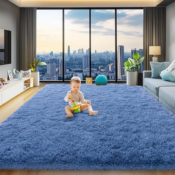 qulint Blue Rug for Living Room 8x10, Plush Fluffy Bedroom Rug 8x10 Soft Shag by QULINT