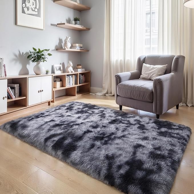 KICHOWUA Thick Area Rug Dark Grey Fluffy Shag 3x5 by KICHOWUA
