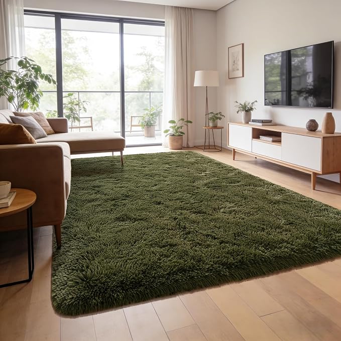 Andecor Shag Area Rug for Living Room, 5 x 8 Feet Olive Green Soft Fluffy by Andecor