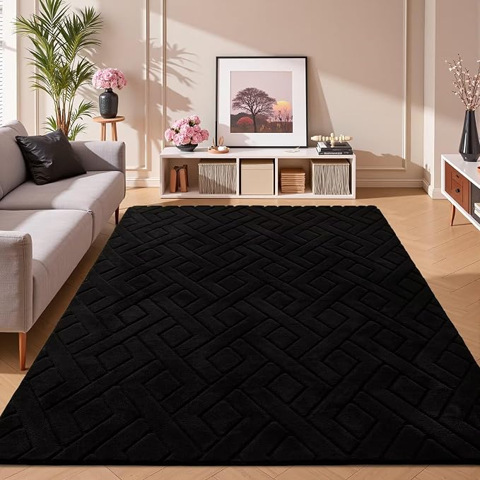 4x6 Black Washable Area Rug for Bedroom, Modern Geometric Shag Non-Slip Living - Image 8