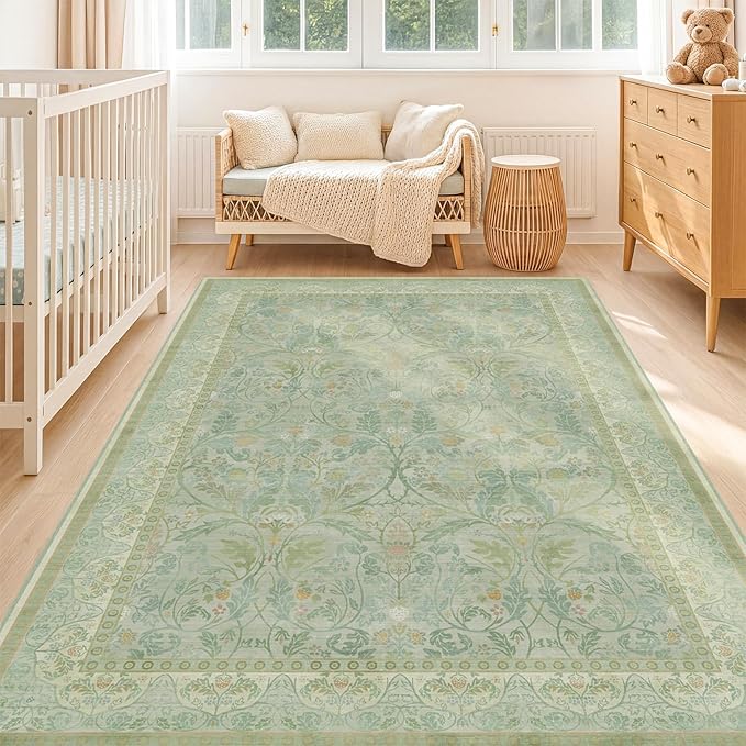 5x8 Sage Green Nursery Area Rug Non Slip, Soft Washable Rugs by Evyhood