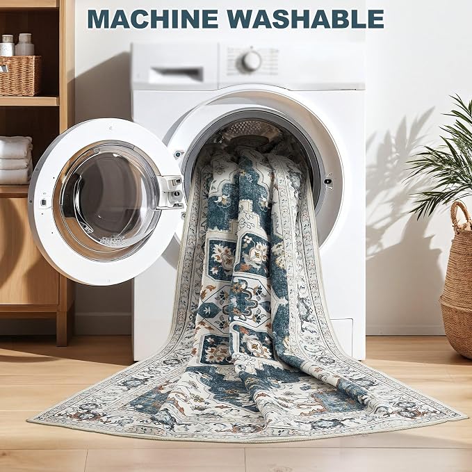 10x12 Washable Area Rug: Vintage Neutral Soft Non Slip Thin Large Floor Carpet - Image 3