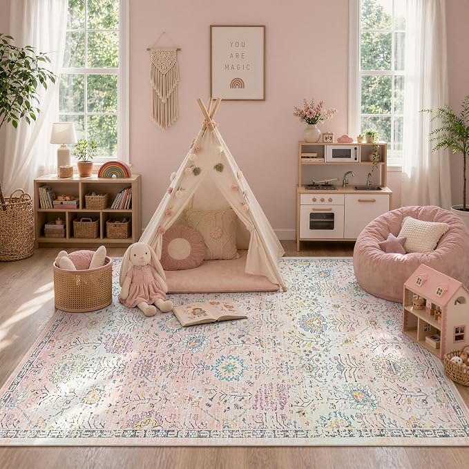 Lahome Pink Rug for Girls Bedroom 5x7, Soft Washable Floral Area Rug, Boho Non - Image 7