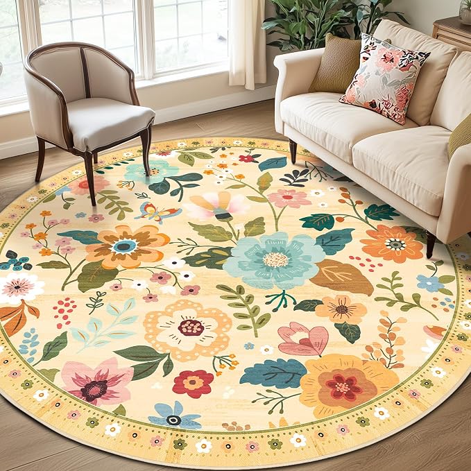 RELEANY Floral 8ft Area Rugs Washable Print Boho Cute Carpet Non Slip Flower by RELEANY