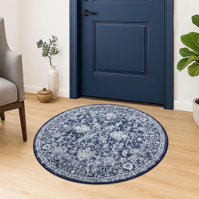 KILOCOCO Round Rug 3ft Vintage Floral Small Circle Rug Machine Washable by Kilococo