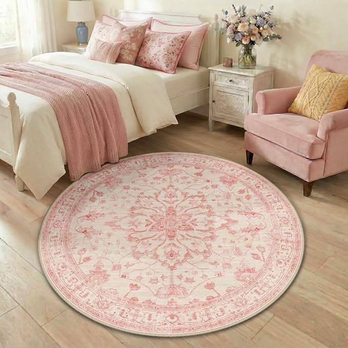 RELEANY Area Rugs Round 4ft Washable Non-Slip, Floral Vintage Distress by RELEANY