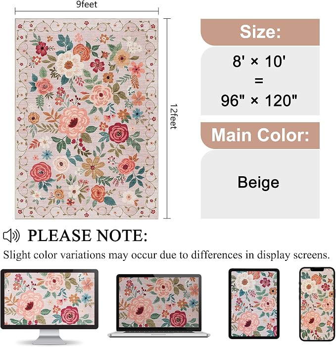 DUKINO 9x12 Area Rug, Floral Rugs - Image 2
