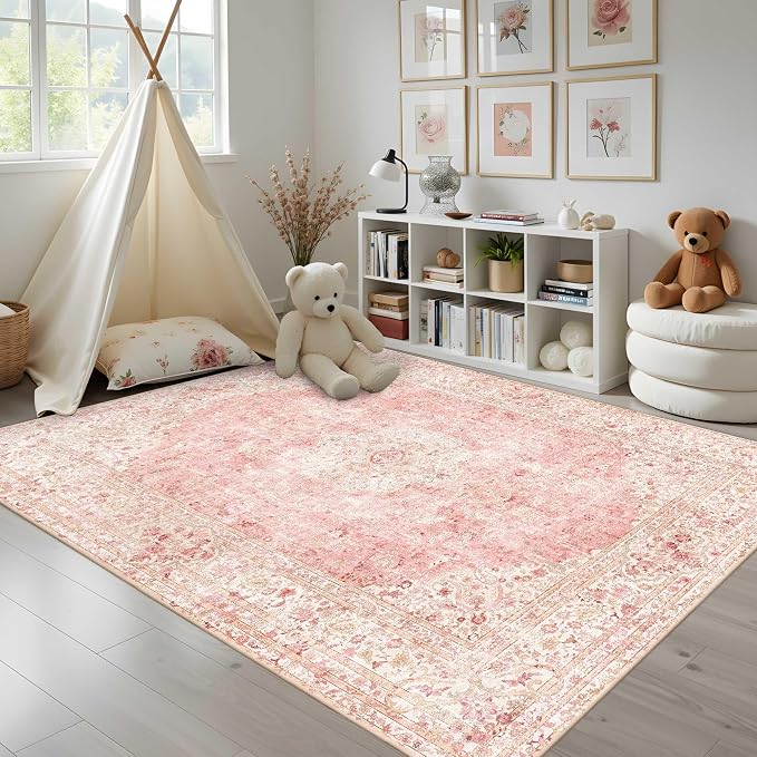 Latte&Fog Large Area Rugs 6x9, Vintage Washable Pink Rugs - Image 4