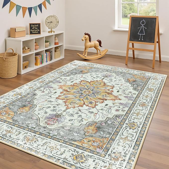 RELEANY Area Rugs 4'x6' Washable Non-Slip, Floral Vintage Distress Medallion - Image 3