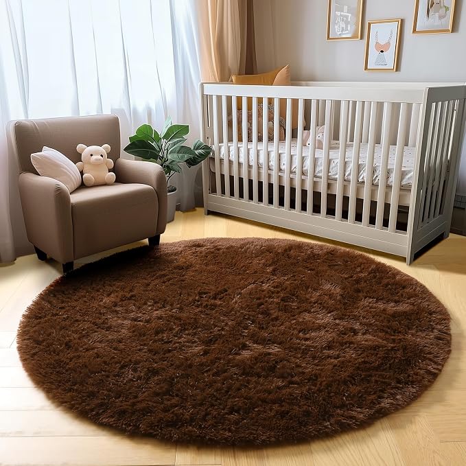 Amdrebio Dark Brown Rug 4Ft for Bedroom, Round Fluffy Shag Plush Area Rugs for - Image 5