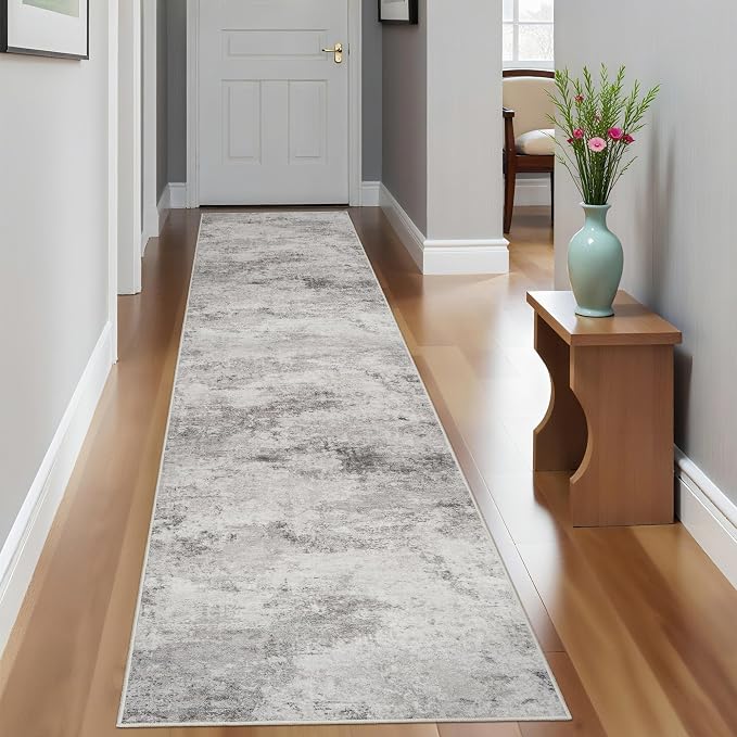 Grey Abstract 2x10 Washable Non-Slip Hallway Runner Rug | Soft Stain Resistant - Image 2